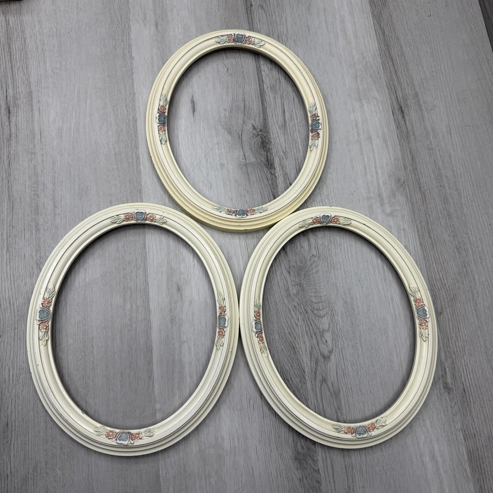 Oval Picture Frames Cream Floral Cottage Shabby Chic Wall Decor Set Of 3 VTG